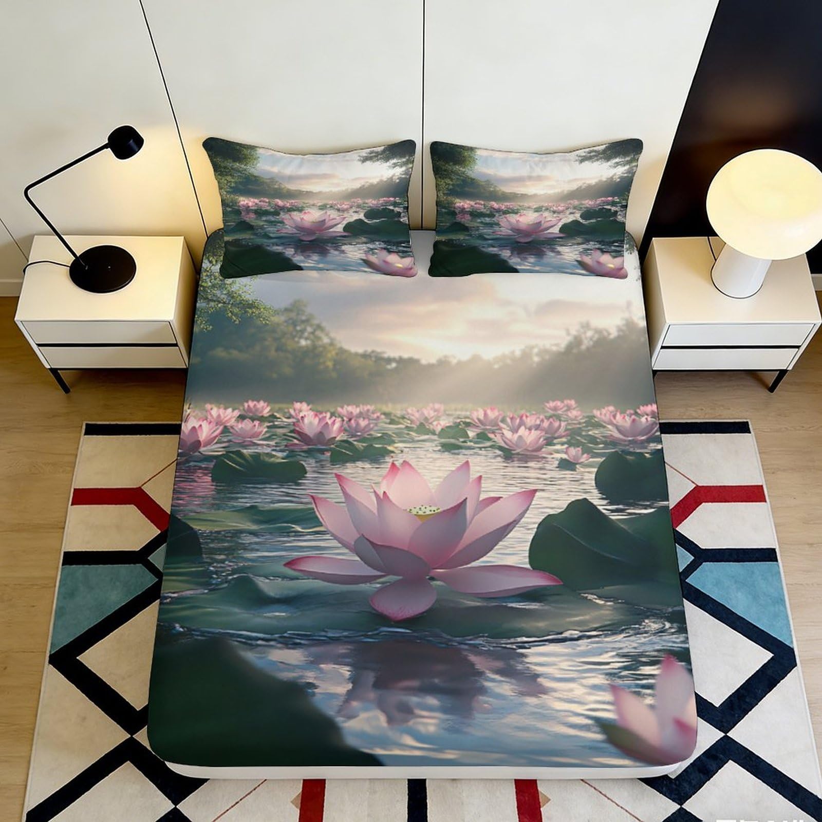 Pnayamiorkfel Style-10 3D Printed Lotus Pond Fitted Sheet Microfiber Soft Non Slip Water Lily Bed Cover For Bedroom Guest Room Decor 90X200x25cm