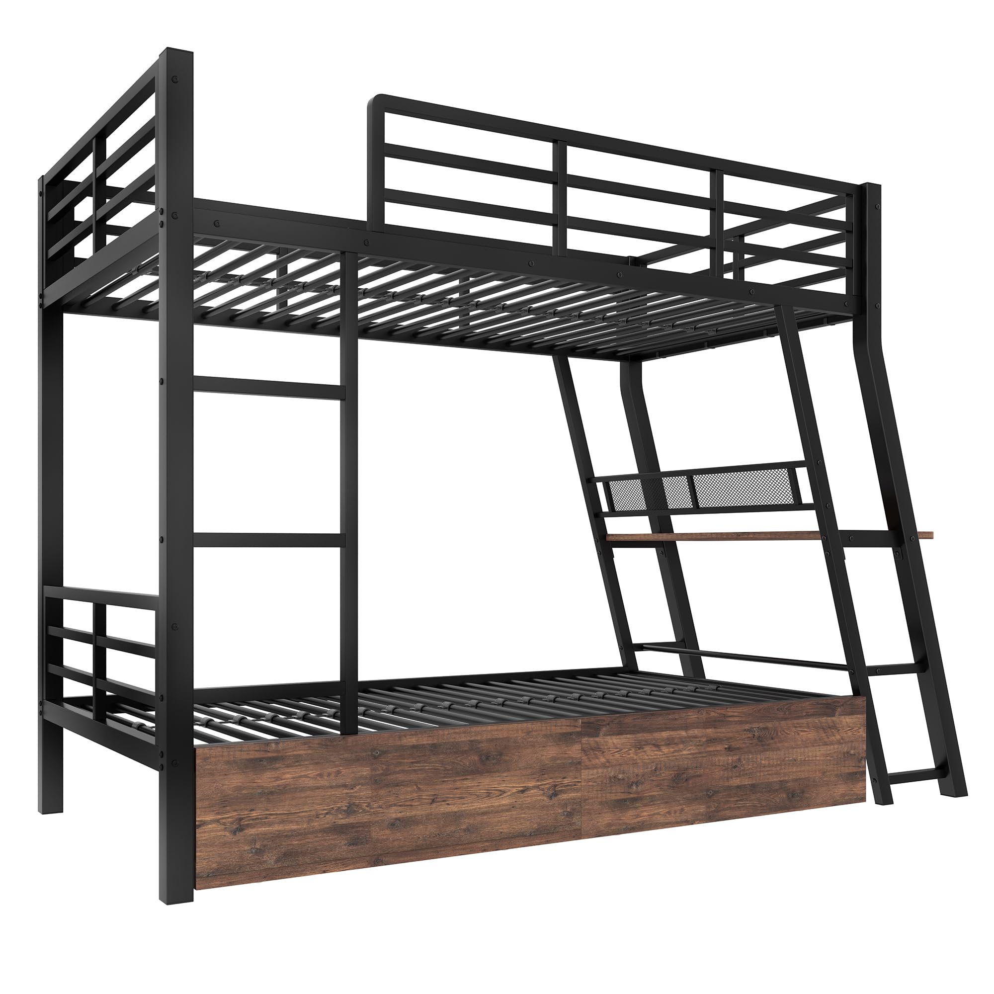 Hochbett Jugendbett 90x200 für 2 Kinder, Kinderbett Etagenbett mit LED-Licht&Schreibtisch&Schubladen&Leiter, Metallbett Stockbett Bettgestell mit Rausfallschutz und Lattenrost, Ohne Matratze, Schwarz