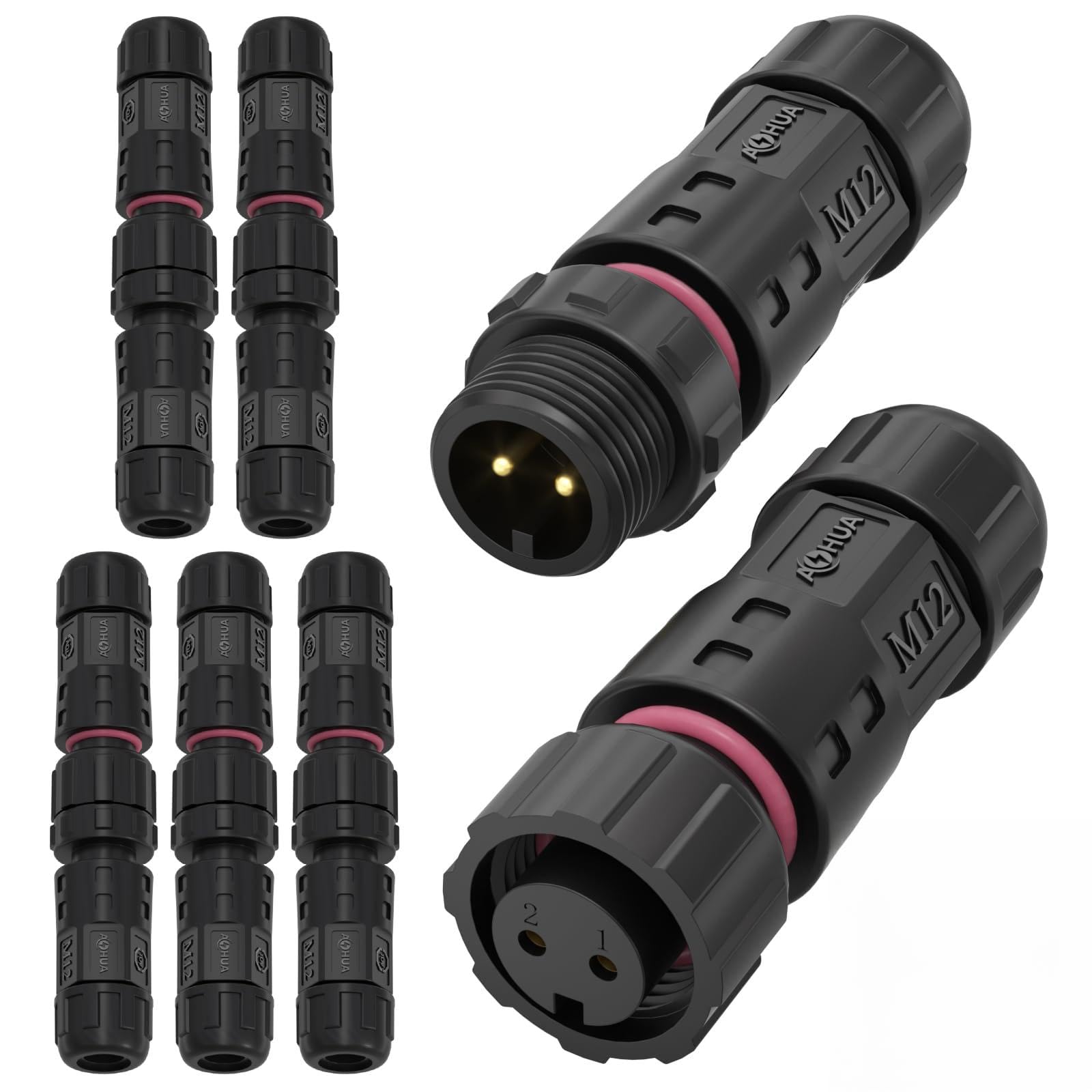 AOHUA M12 Waterproof Connector IP68 Junction box Male/Female Plug Solder Wire Connectors for Ø3.5-7.5mm Cable, Outdoor Electrical Wire Splice Connectors (Solder, 2 Pin)