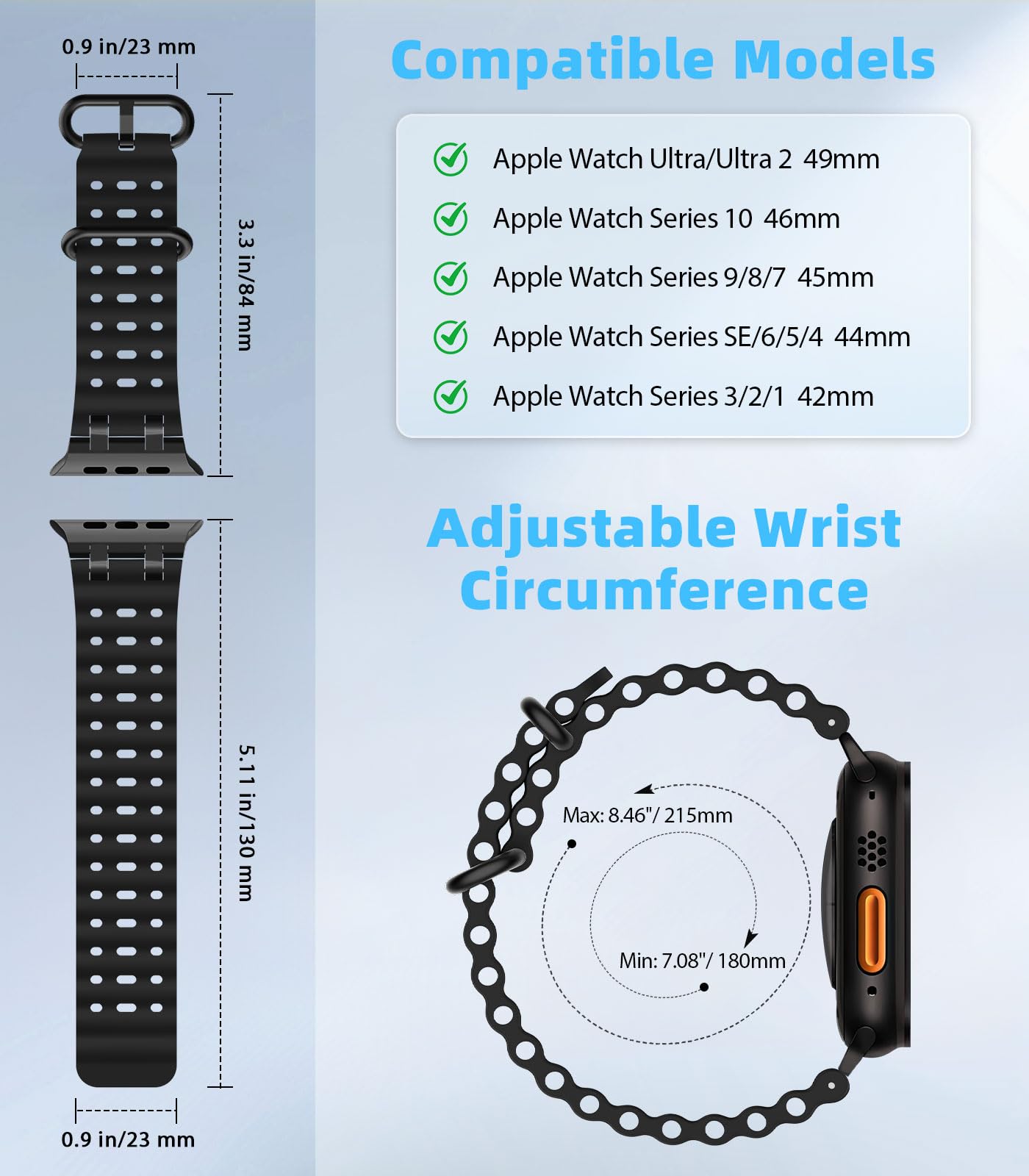 MoKo Bracciale Migliorato in Silicone Sport Oceano per Apple Watch 49mm/46mm/45mm/44mm/42mm - Serie 10/9/8/7/6/5/4/3/SE2/SE/Ultra2/Ultra - Unisex