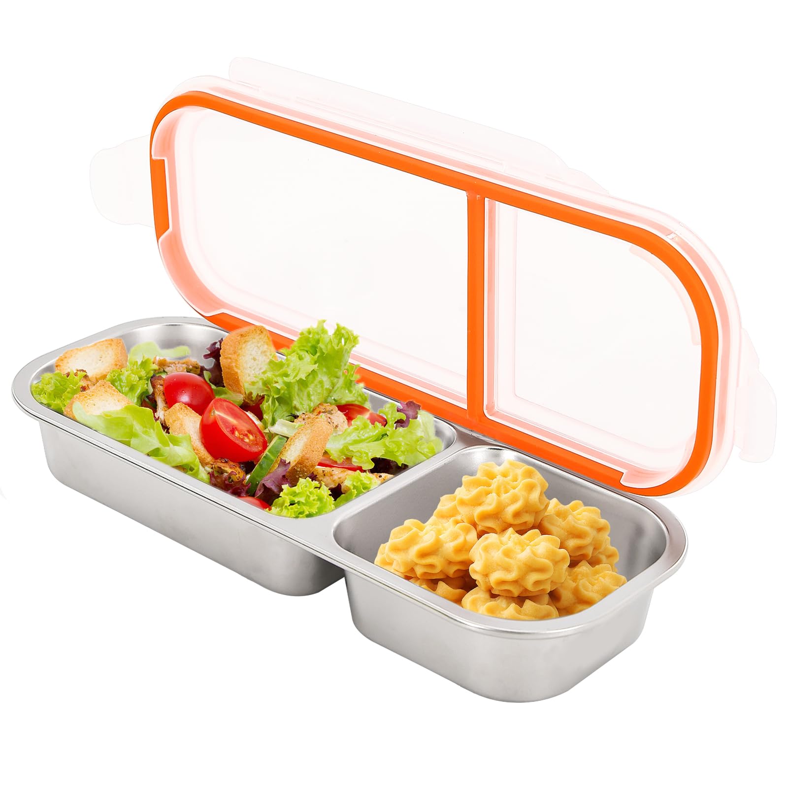 Xorim Reusable Snack Containers with Lids 700ml Stainless Steel Snack Containers for Kids 2 Compartments, Individually Sealed, Suitable for Work and Travel(Silver)