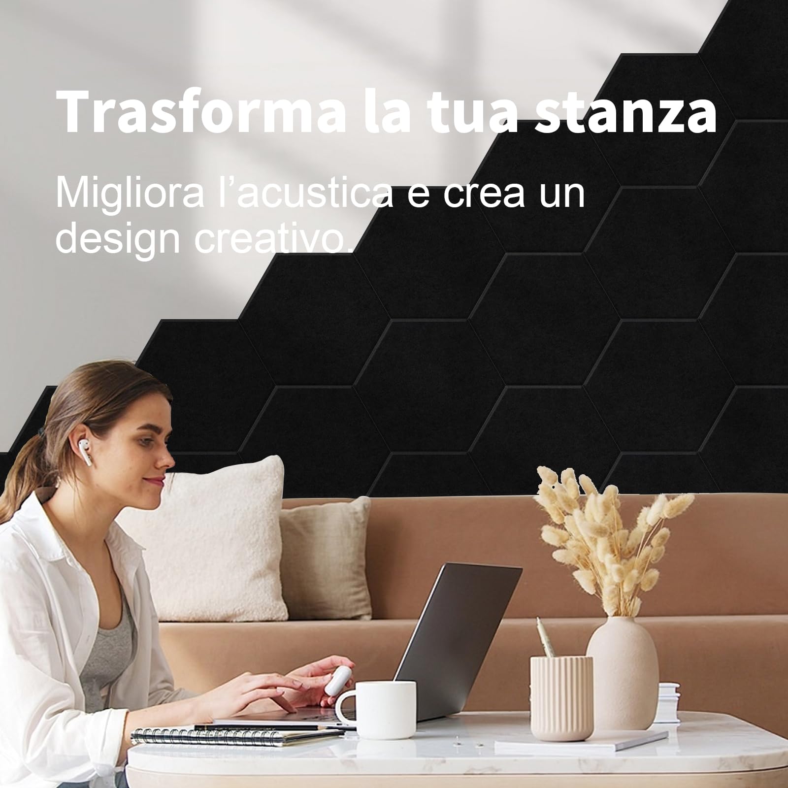 36 pezzi Pannello Fonoassorbente Autoadesivi, Esagonali Pannelli Fonoisolanti, Insonorizzazione Stanza, Copertura 2.11㎡,Efficace Alta Densità 230kg/m³ NRC 0.95 per Pareti e Porte, Sala Giochi