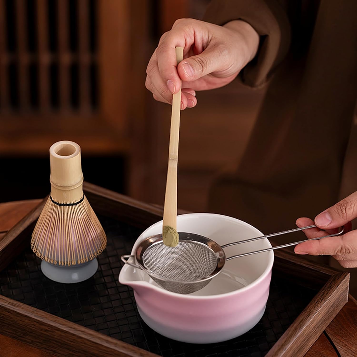 Matcha Kit 8-Piece, Complete Japanese Tea Ceremony Set with Bamboo Whisk (Chasen), Traditional Chawan Bowl, Stainless Steel Sifter, Scoop, Holder & Cloth for Home Use (Black)