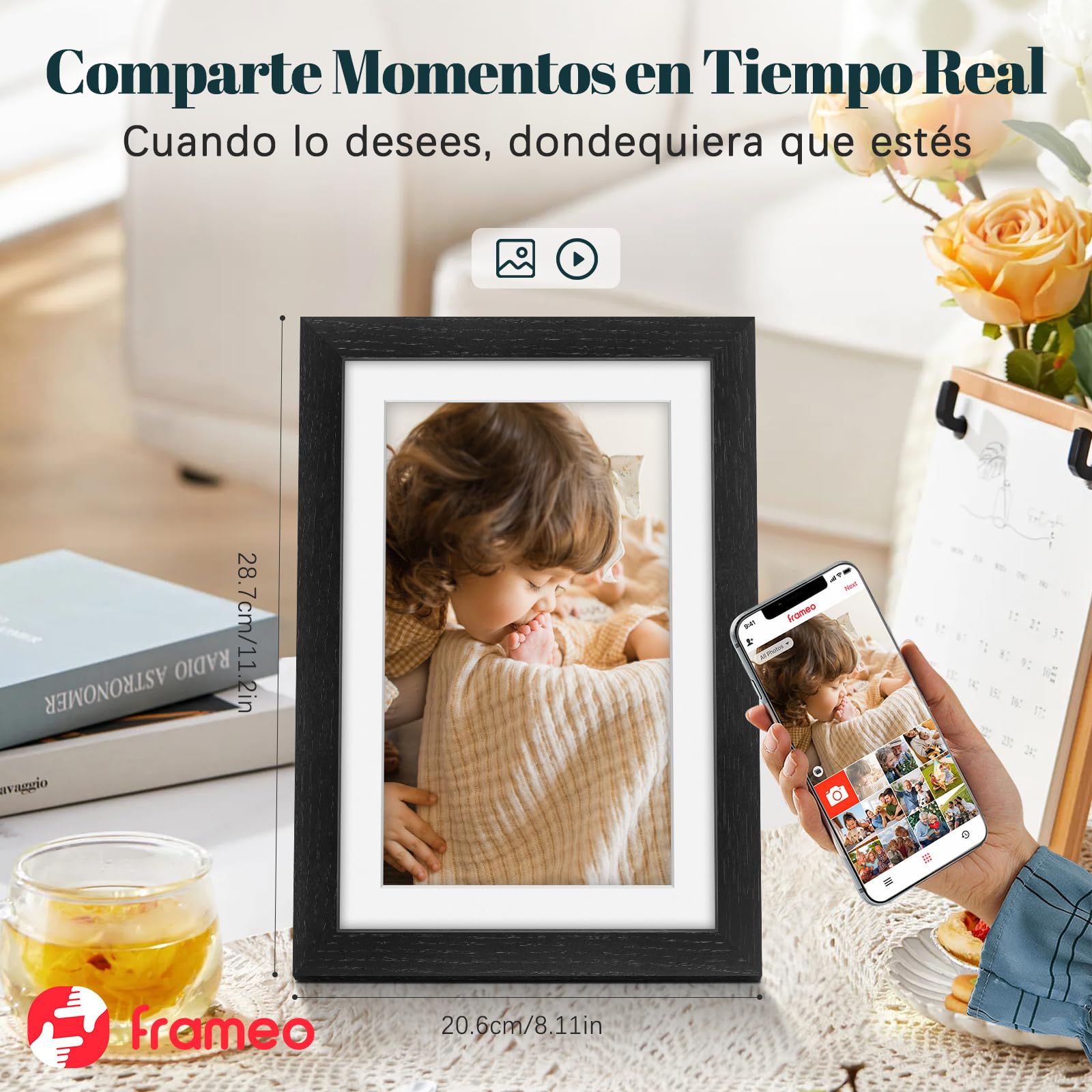 Frameo Marco de Fotos Digital WiFi 10.1 Pulgadas Negro Madera de Roble Memoria Incorporada 32GB, HD 1280x800 IPS, Pantalla Táctil para Fotos/Videos, Rotación Automática, Montaje en Pared