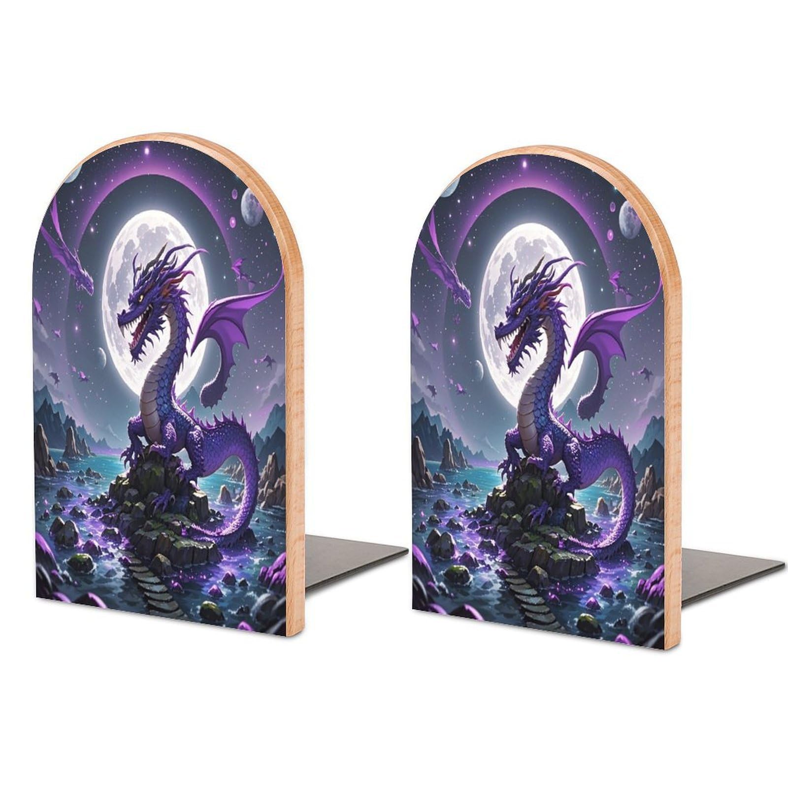 Purple Dragon Moon Bookend for Shelves Unique Book End Sturdy Books Holder Heavy Duty Wooden Bookends Support Non-Slip Book Organizers Decorative Modern Bookend Holder for Home
