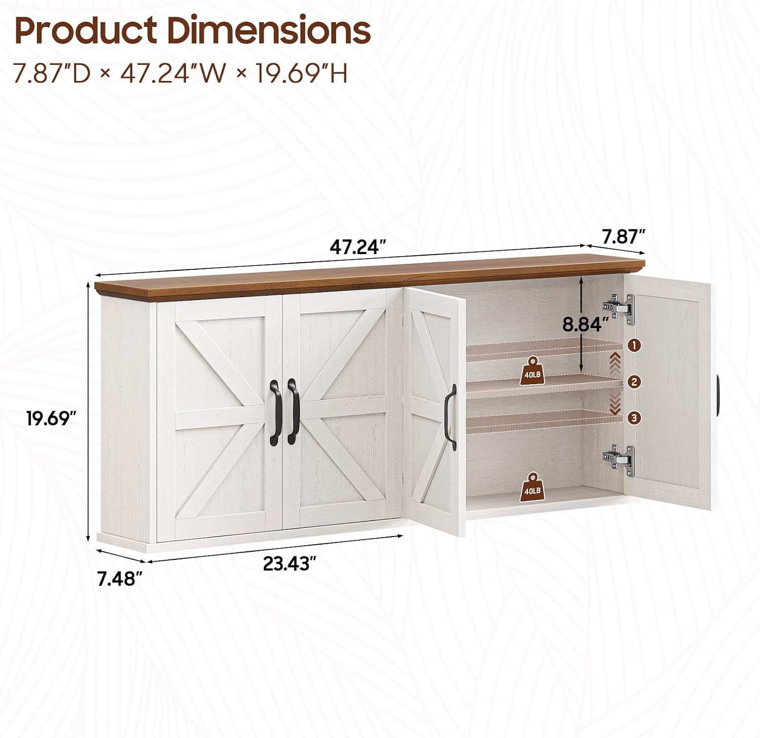 Halitaa 47" Laundry Room Cabinets and Storage with 4 Doors and Utility Adjustable Shelf, Large Wall Mounted Storage Cabinet, Upper Kitchen Cabinet for Laundry, Bathroom, and Kitchen, White and Brown