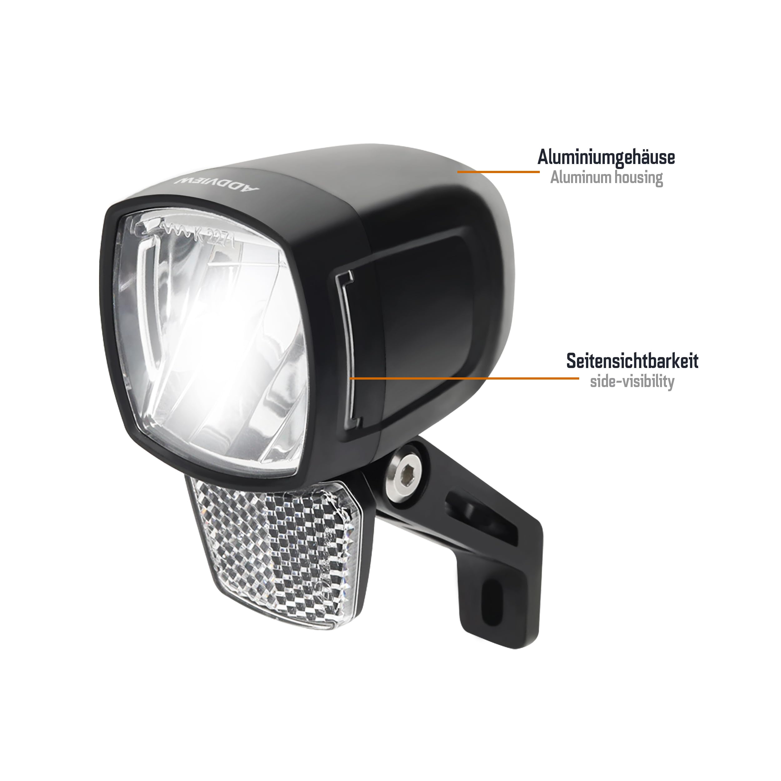 ADDVIEW E-Bike Frontlicht 170 Lux Hammer E170 – LED Fahrradlampe, StVZO & ECE zugelassen, Aluminium/ABS Gehäuse, IP65 wasserdicht, DC 8–48V, Seitenlicht, für E-Bikes & Pedelecs