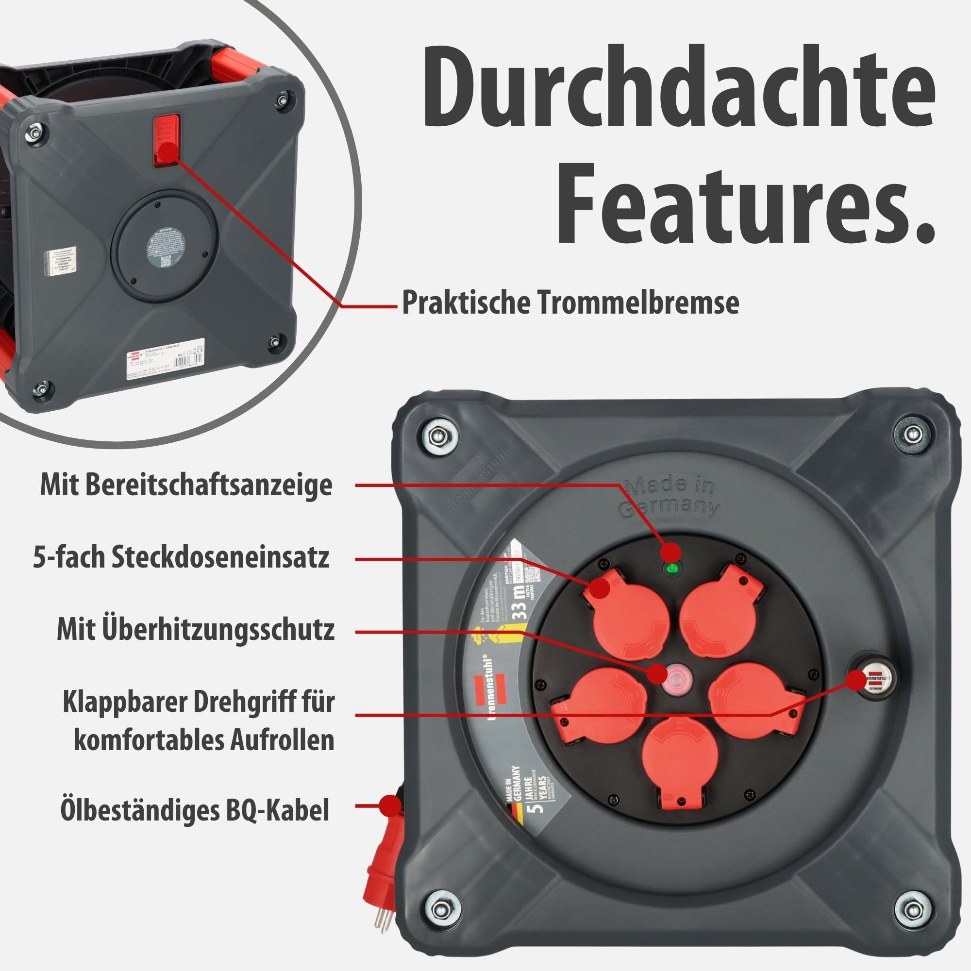 Brennenstuhl Avvolgicavo professionale per cantiere, KA 3110 5 IP44 (33 m H07BQ-F 3G1,5 cavo rosso, uso in cantiere e uso esterno permanente, 5 prese di sicurezza, Made in Germany)