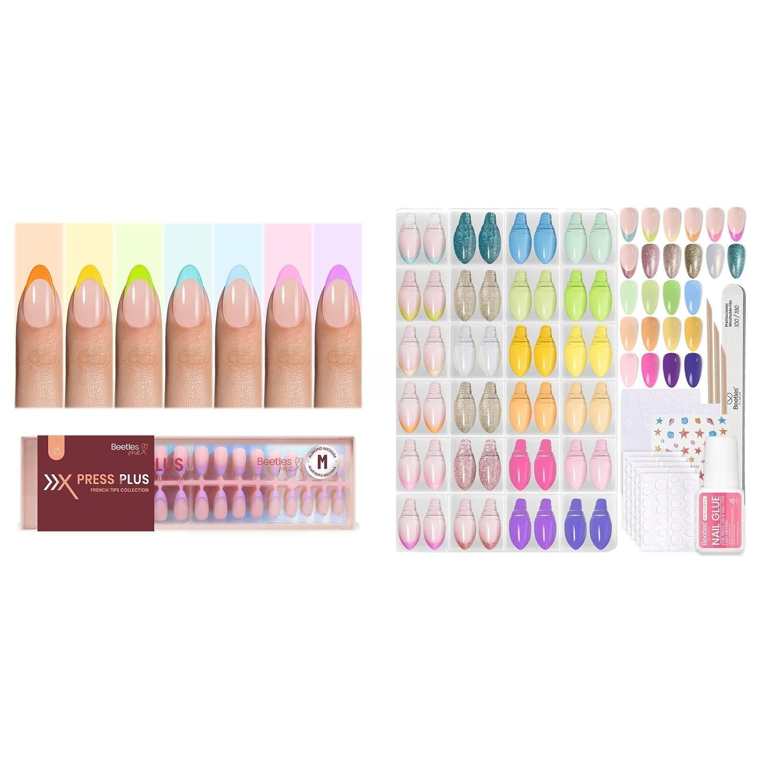Beetles Summer Press On Nails 224 Pcs 7 Colors French Tip Medium Almond with Press On Nails Kit - Chromatic Reverie 24 Colors Short Almond 720Pcs 15 Sizes includes Nail Glue & Tabs