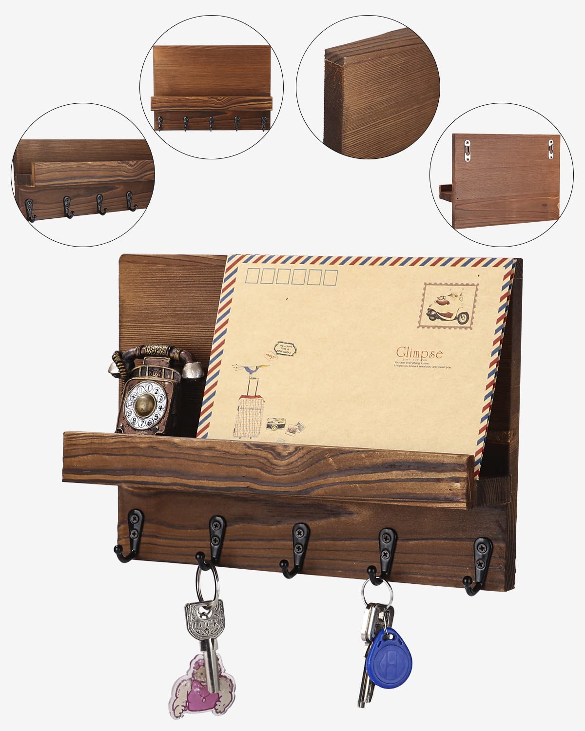 Porta Lettere Chiavi Occhiali in Legno con 5 ganci per chiavi, Porta chiavi in legno e porta lettere, Portachiavi da Parete in Legno, Appendichiavi Portachiavi da Muro.