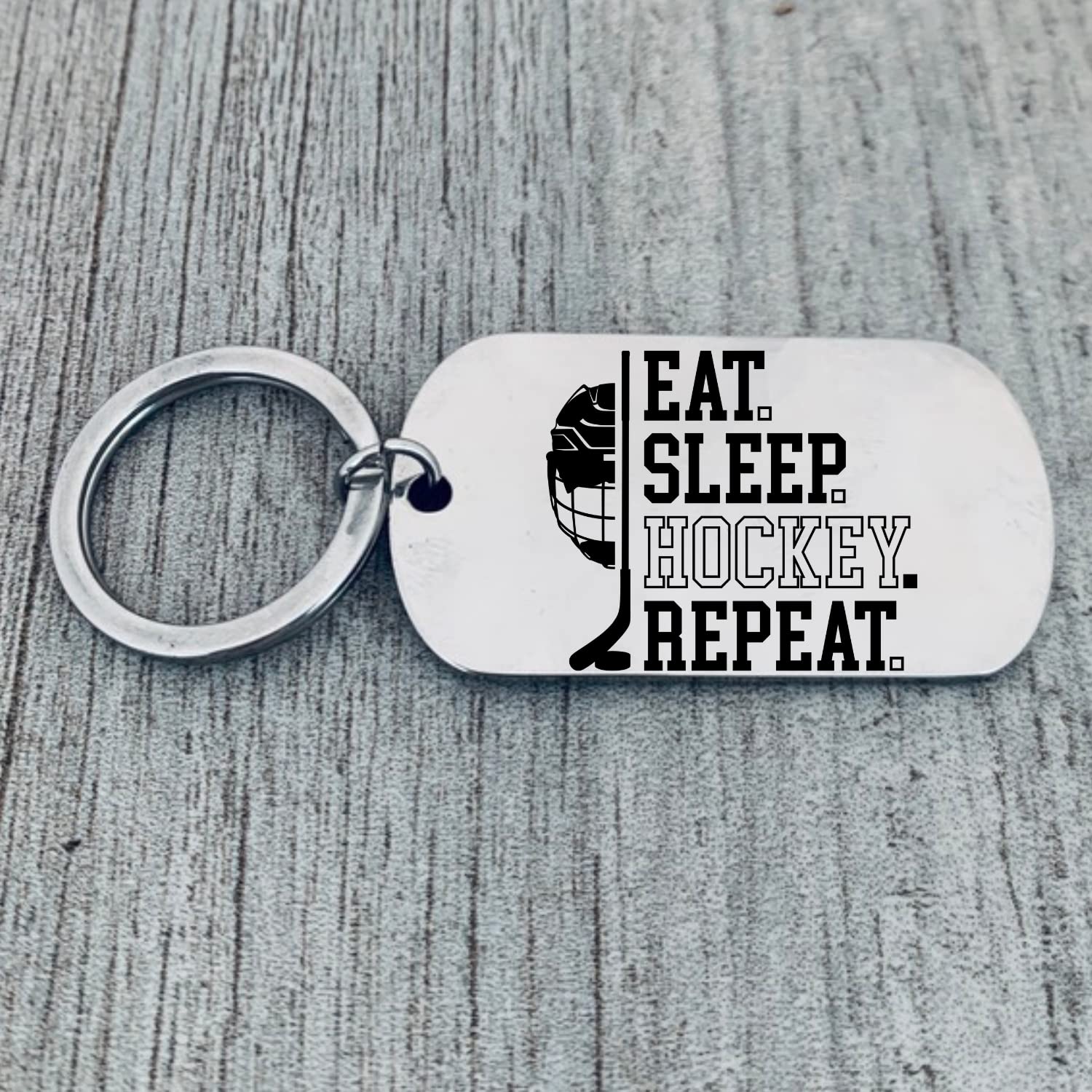 Sportybella Hockey Keychain, Unisex Ice Hockey Jewelry, Eat Sleep Hockey Repeat Charm Keychain, Gift for Hockey Players, Teams & Coaches