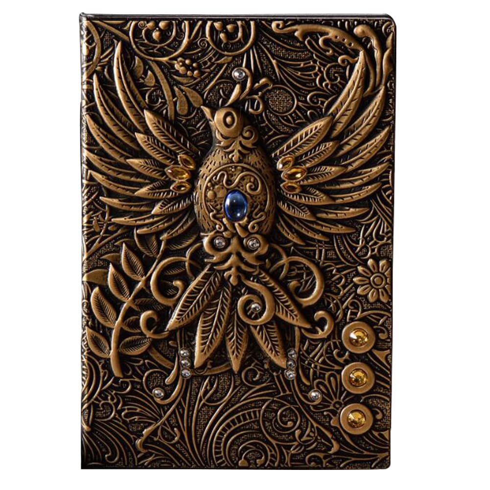 Leather Journal Notebook Antique Embossed Leather Writing Notebook (A5) Decoration Book Retro Phoenix Hardcover Diary for Literature and Art Women Men Gift (Bronze)