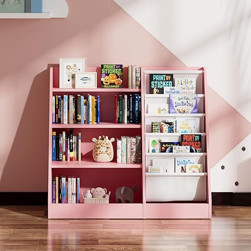 Miniatura 7 de Estantería de madera rosa de 4 niveles para niños, estantería de 5 capas, estante para libros de almacenamiento para bebés, organizador de juguetes