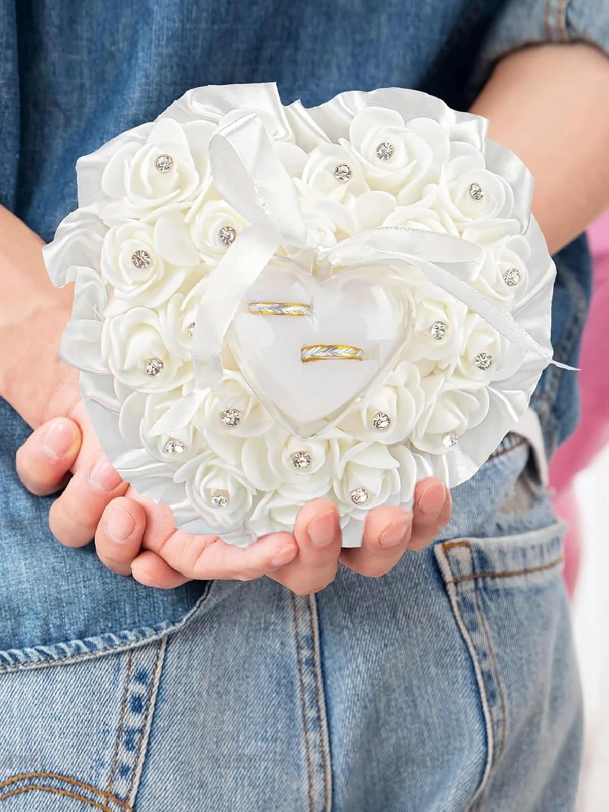 Rose Hochzeit Ring Kissen Herz Form Hochzeit Ring Box Kissen Kissen Rose Hochzeit Zeremonie Ring Halter für Ringträger(Purple)