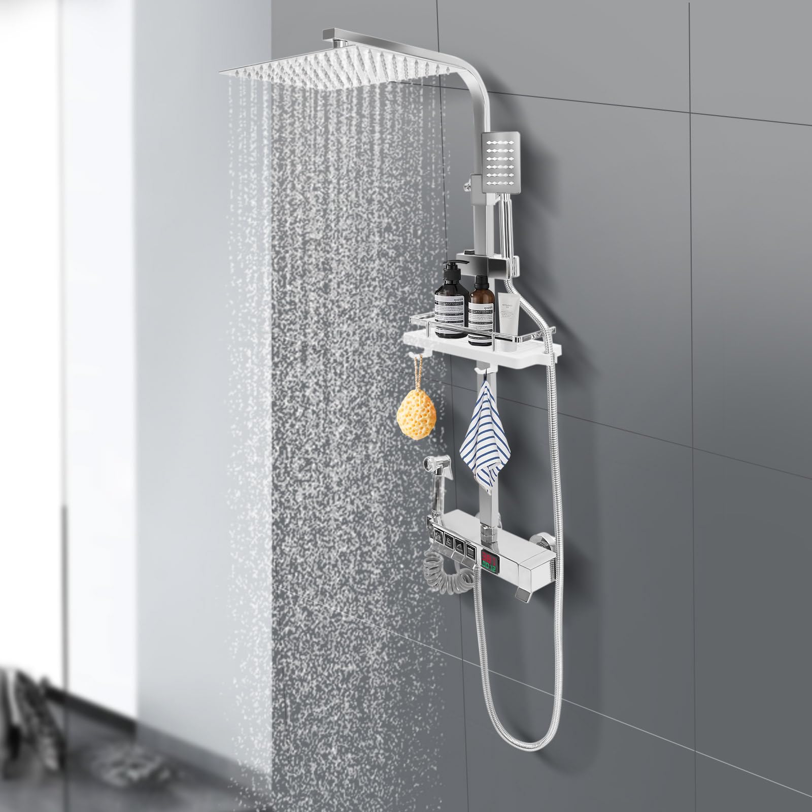 Sistema de ducha de acero inoxidable de 20 cm, columna de ducha con 4 salidas, alcachofa de ducha, alcachofa de mano, pistola de agua de alta presión y grifo de salida inferior, con termostato, cesta