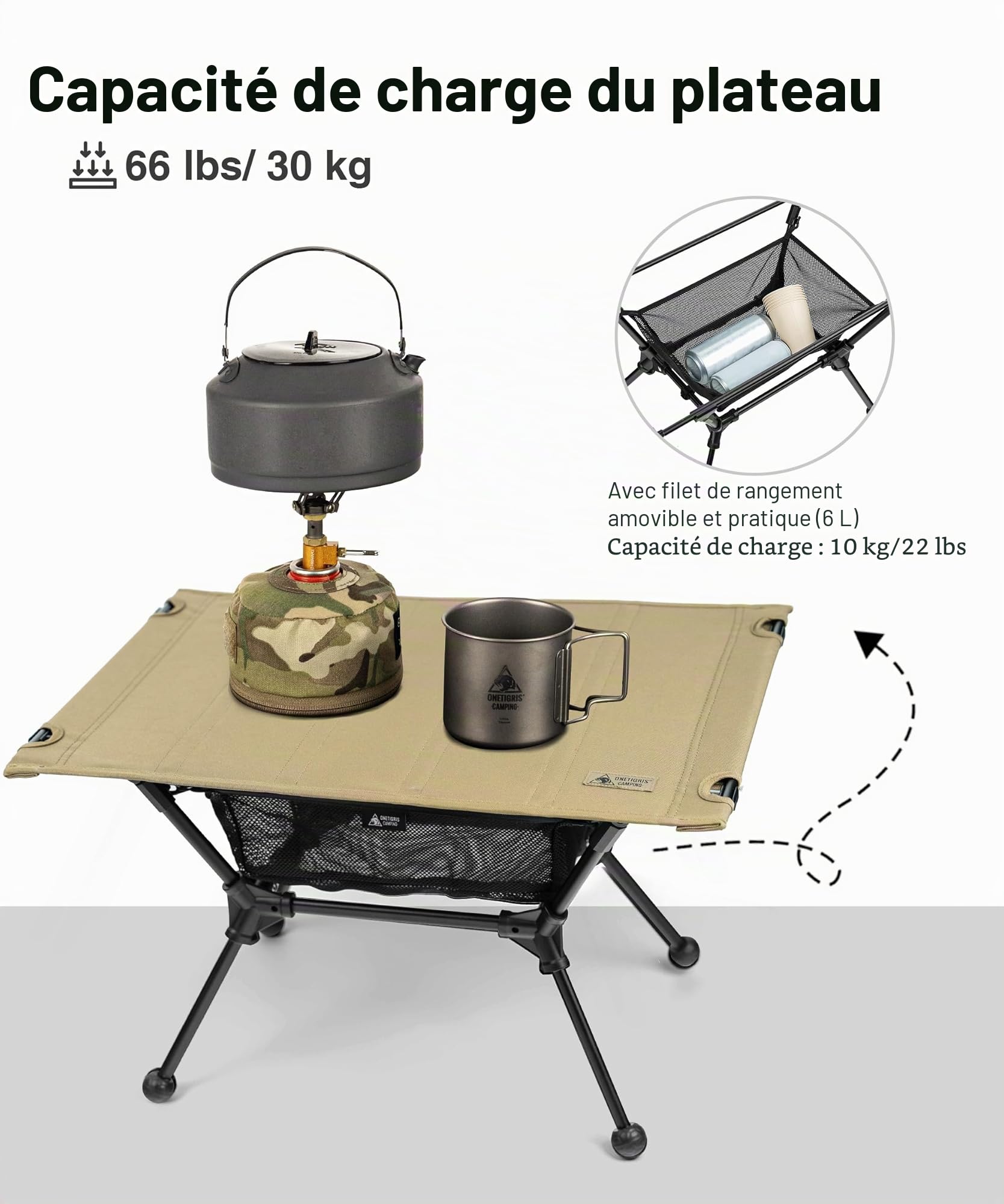OneTigris Dipper Table de camping pliable avec sac de transport - Table d'extérieur légère pour la pêche et la randonnée - 60 x 40 x 37 cm - Marron coyote