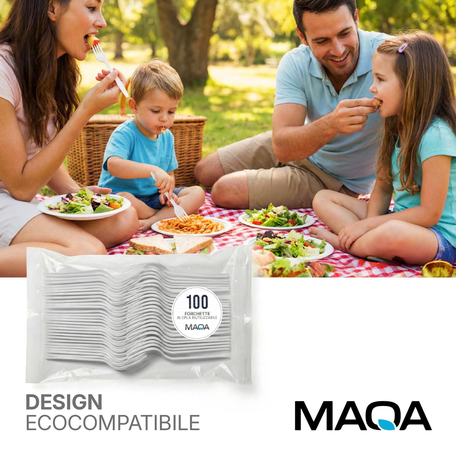 MAQA Forchette Riutilizzabili In CPLA Compostabile | Set 100 Pezzi, 16,5 Cm, Bianche, Resistenti Al Calore, Certificate Per Alimenti, Per Catering E Take Away