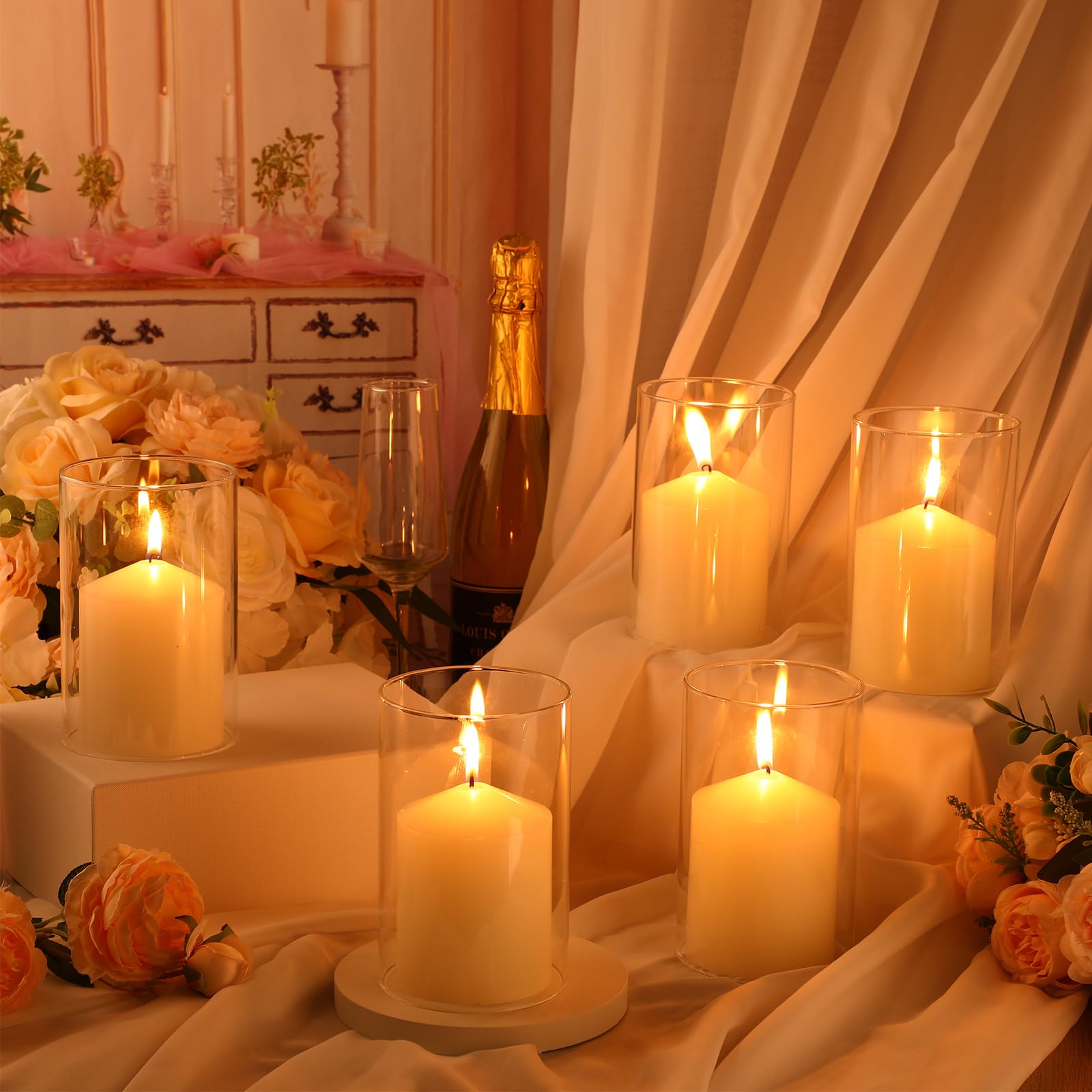 Yaomiao 6 Sets Hurricane Candle Holder Sleeve with Pillar Candles Glass Open Ended Hurricane Candleholder Bottomless Glass Candle Cylinder Clear Chimney Shade Tube Cover for Home