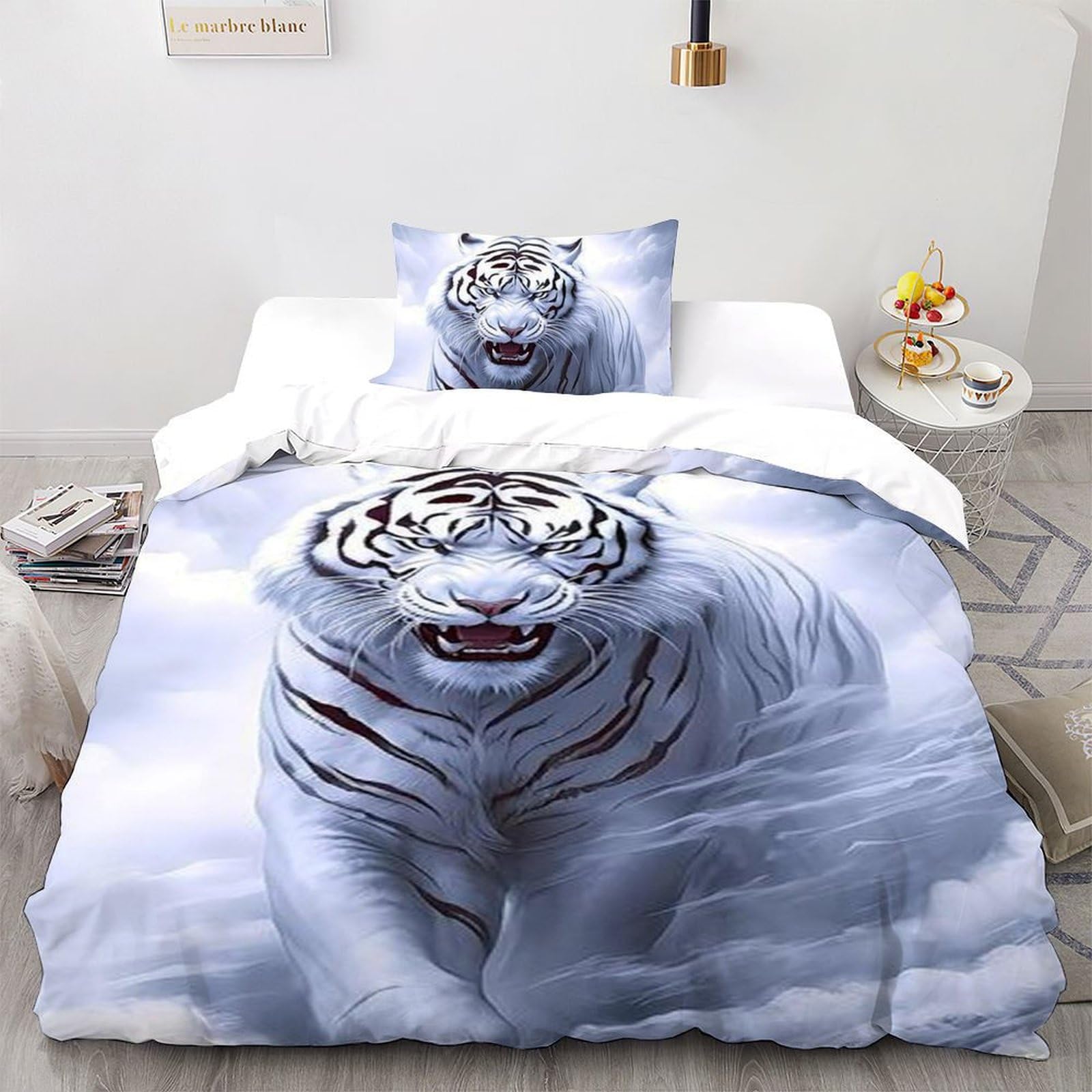 Housse de couette tigre blanc en microfibre 135x200 cm avec taie d'oreiller pour lit simple garçon