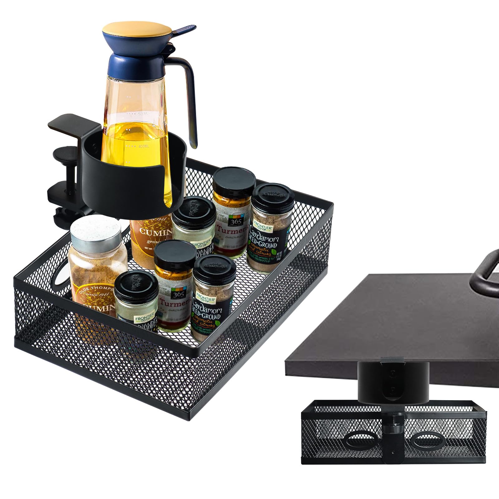 WOMACOGriddle Caddy for Blackstone 28"/36" Griddle, 360° Rotating Grill Caddy for Blackstone Griddle Accessories, Hidden Design Griddle Bottles Holder for Outdoor (with cup holder)