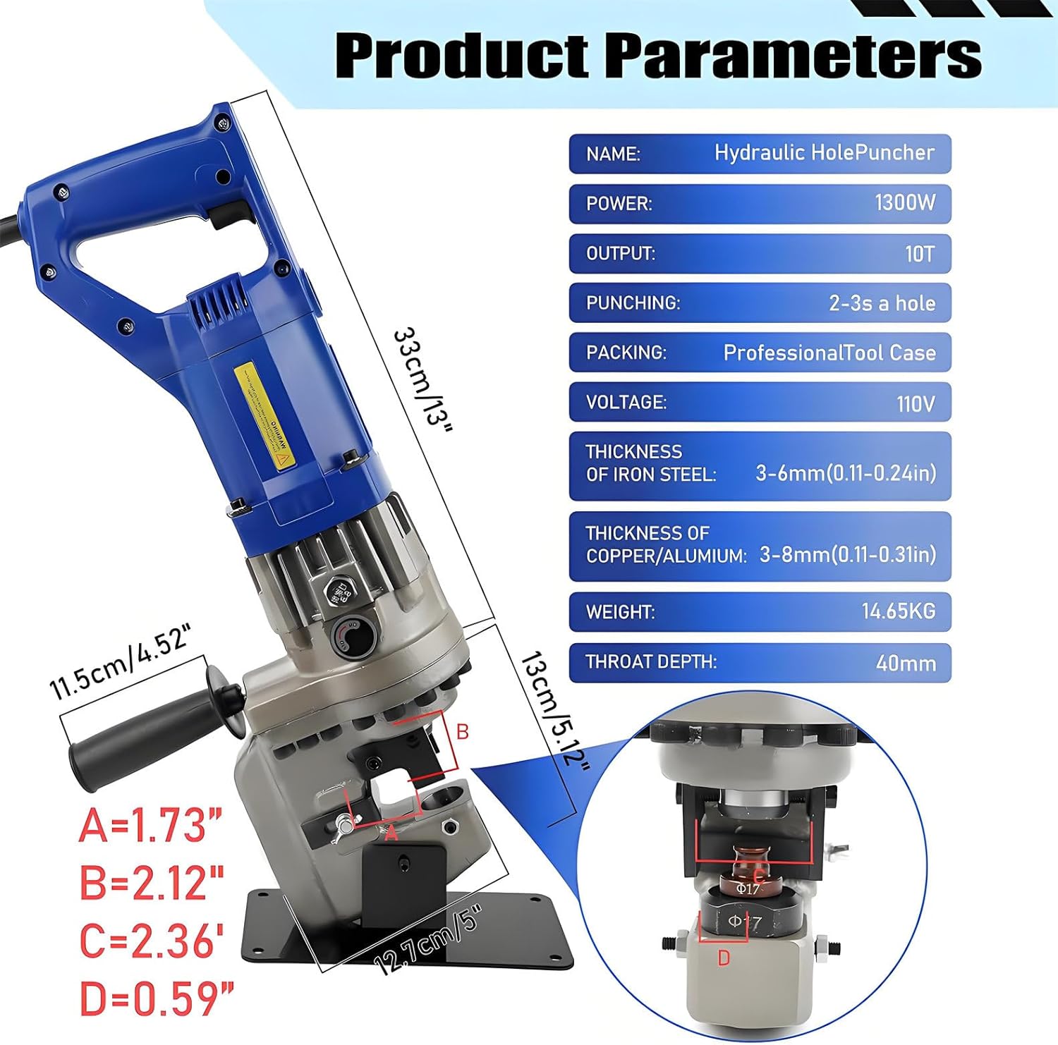 MHP-20 1300W Electric Handy Hydraulic Hole Puncher 6mm Knockout Punch Tools 5 Dies Set, for Punching in Steel, Iron, Aluminum, Copper, and Other Sheet Materials Channelsteel