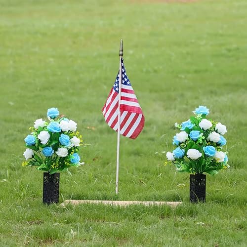 Miniatura 2 de LVXINLI 2 juegos de flores artificiales de cementerio con jarrón, hermosos arreglos para lápidas, flores conmemorativas, jarrón de plástico negro