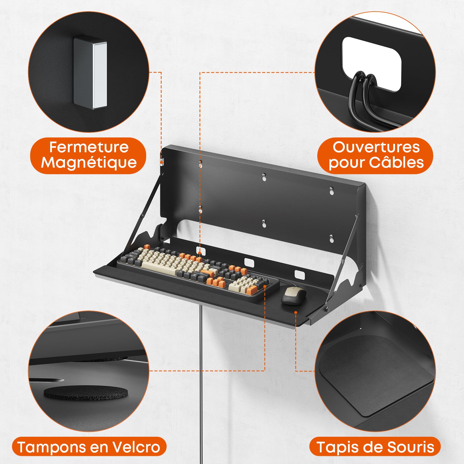 Plateau Clavier Escamotable Murale Ergonomique 61cm - Plateforme pour Clavier & Souris de Bureau et Maison - Gain de Place avec Tapis de Souris et Repose-Poignets, Capacité de Charge 10 kg, Noir