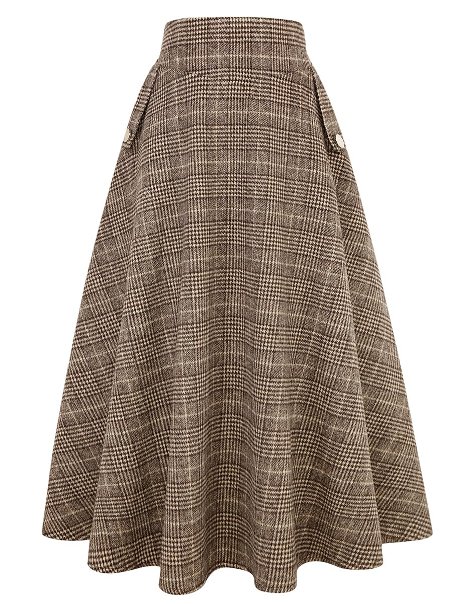 IDEALSANXUN Women’s Fall Winter High Waisted Wool Plaid A-line Long Skirt