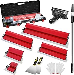 Spatule Enduit Lissage Set, 5 Outils de Spatule (15cm, 25cm, 40cm, 60cm, 80cm) pour les cloisons sèches,à main tige télescopique 85 à 130 cm，2 grattoirs à main et Avec boîte