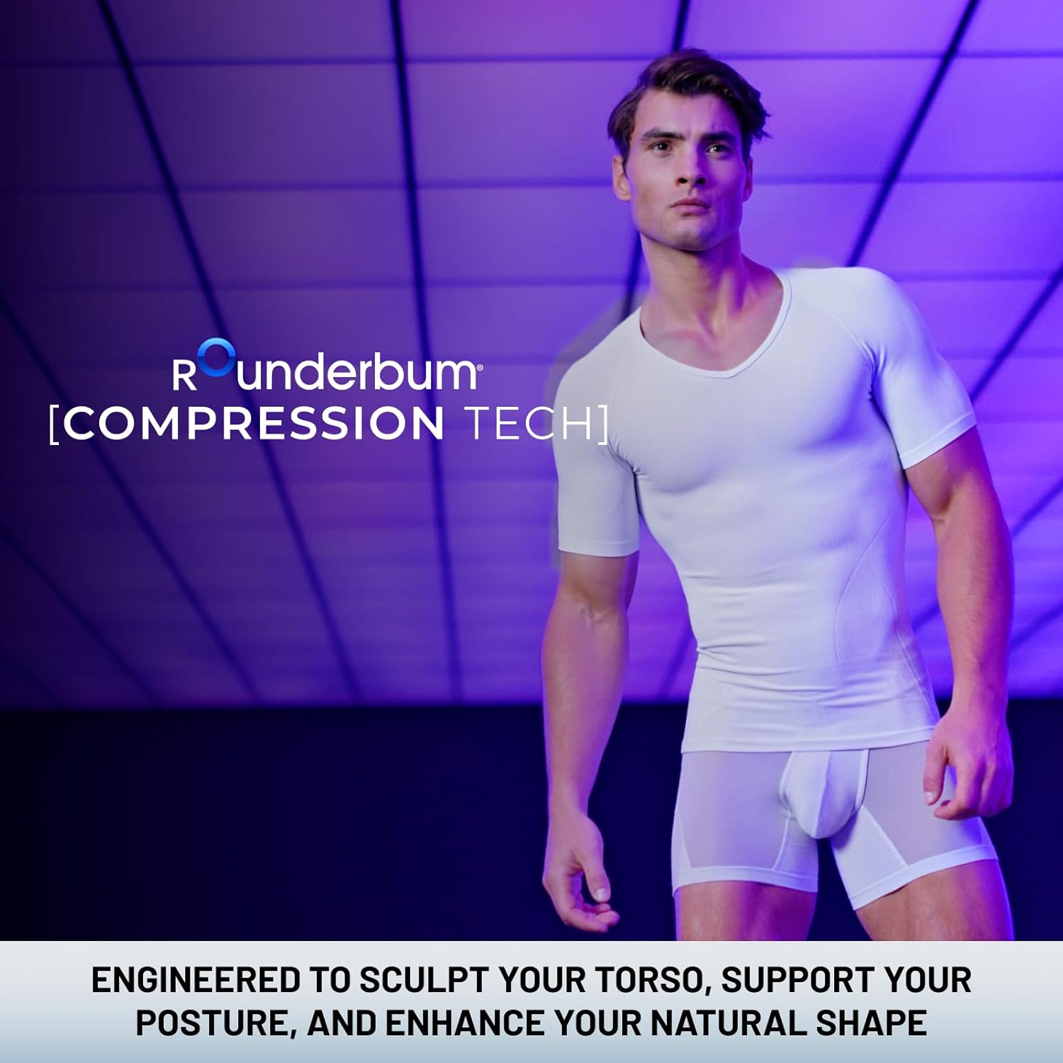 Rounderbum Men’s Compression Tech T-Shirt – Seamless Posture Support & Core Shaping Undershirt, 4 Colors