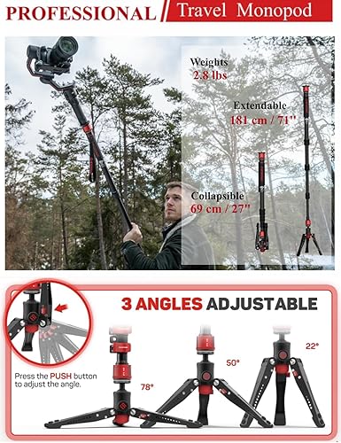 Vista 20 de IFOOTAGE Monopod de fibra de carbono de 71 "Cobra 3 C180F, monopie de cámara ligero para viajes, video profesional mono pod con base de trípode