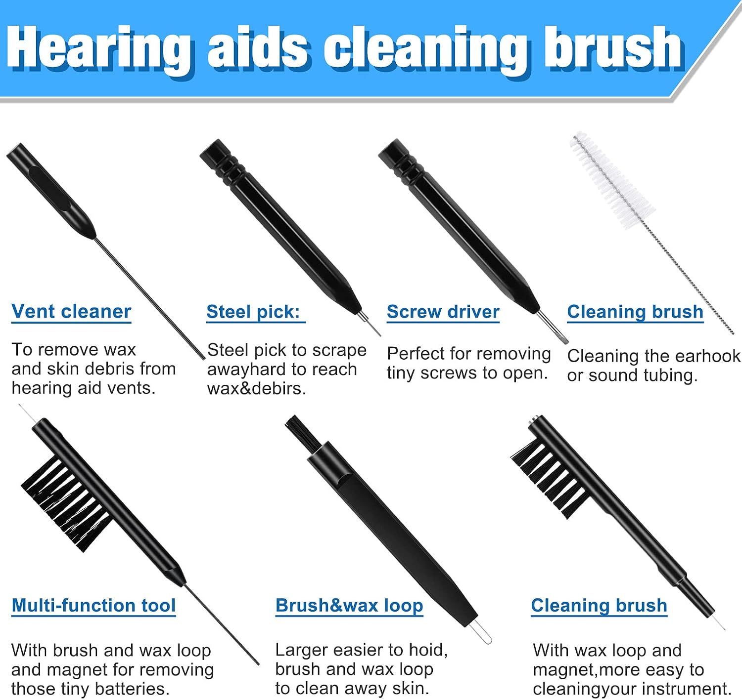 Patelai 12 Piece Hearing Aid Cleaning Kit – Includes Wax Loop, Magnet, Vent Cleaner & Multi Brush Set with Cloth, Storage Bag for Hearing Aids, Earbuds, Headphones, Amplifiers – Ideal Gift for Family