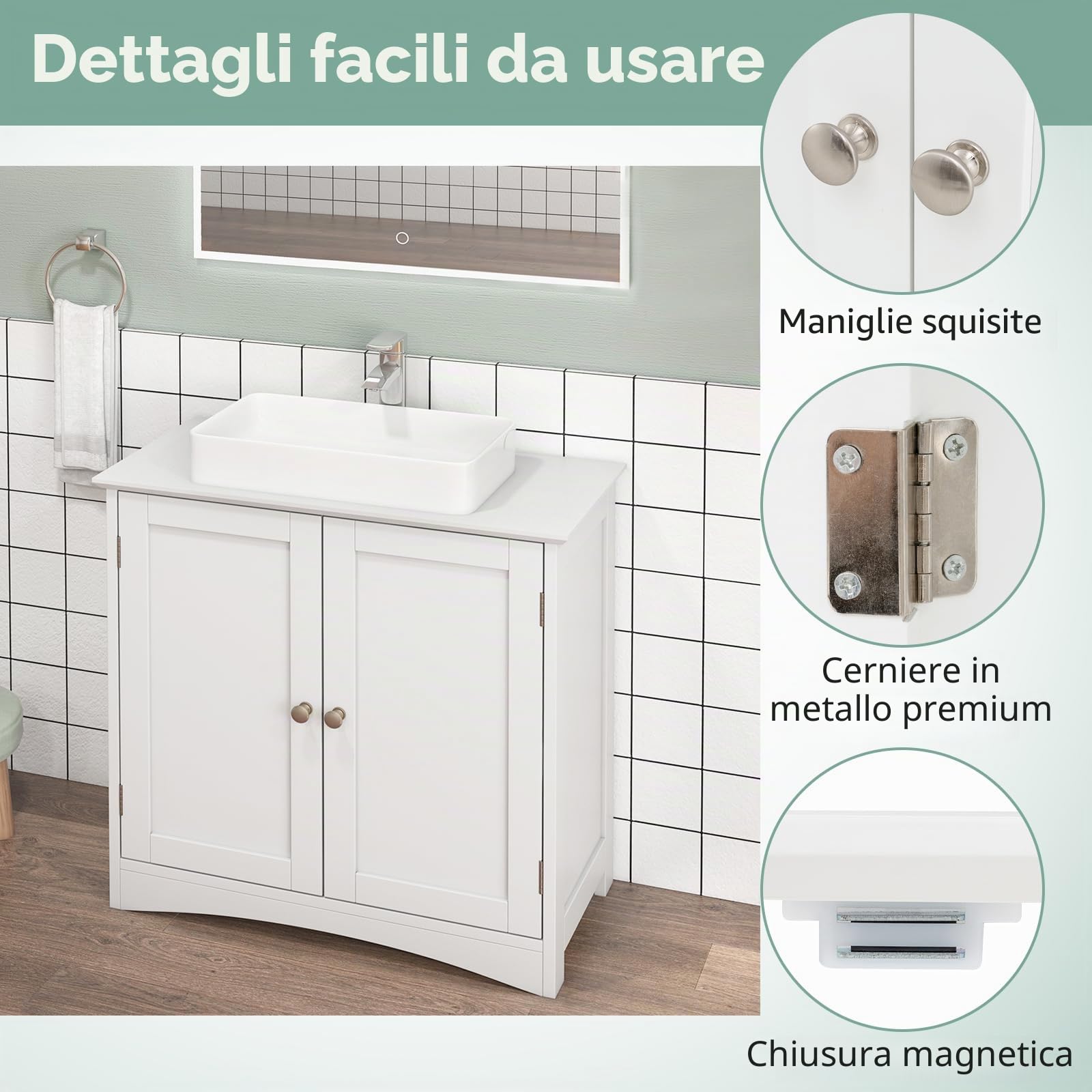 LIFEZEAL Armadio U sotto lavabo, mobile 2 ante 2 ripiani, 60x30x60 cm, bianco (stile 3)