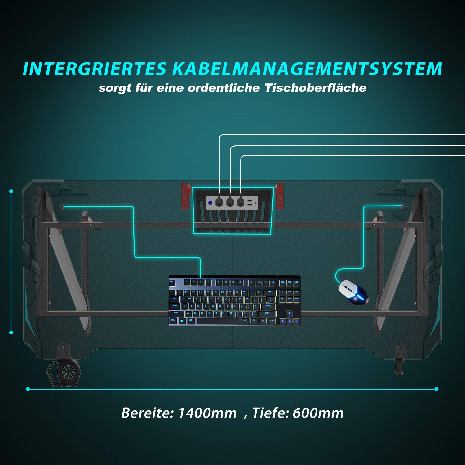SONNI Gaming Tisch 140cm, Gaming Schreibtisch mit LED, Gaming Desk, Z-förmiger Stabiler Bein, mit Getränkehalter und Kopfhörerhalter, 140x60x75cm Schwarz