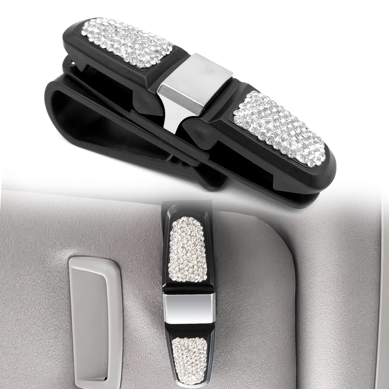 Bling Crystal Rhinestones Fashion Rotatable Car Eyeglasses Sunglasses Hanger Mount with Ticket Card Clip for Women Girls, Glasses Holder For Car Visor Accessories, White