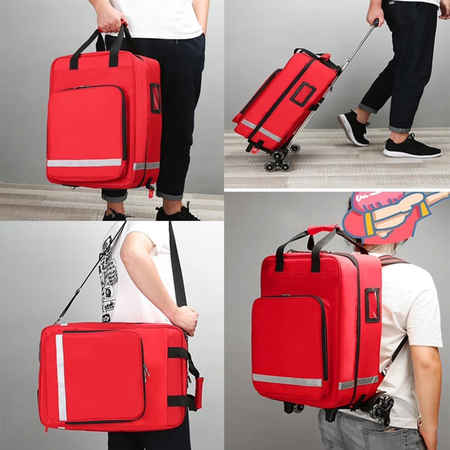 Borsa a rullo impermeabile per infermieri, traumatologica, con ruote, strisce riflettenti e carrello rimovibile, per professionisti medici e studenti, Blu