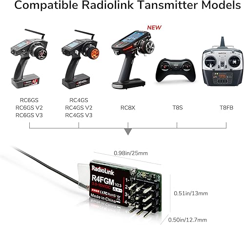 Miniatura 3 de Radiolink R4FGM V2.2 3.4Ghz 4 canales RC Gyro Receptor para Mini RC Cars 1,312.3 ft Control de largo alcance para control remoto RC RC8XRC6GS