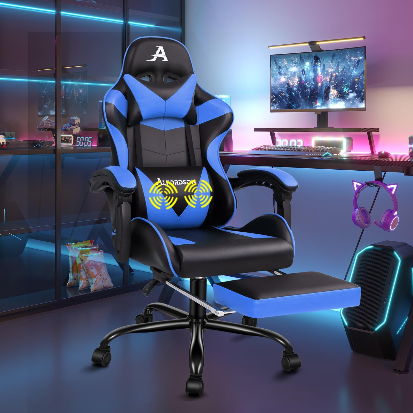 ALFORDSON Sedia Gaming Massaggiante, Sedia Gamer Professionale, Cuscino Lombare & Poggiatesta, Poltrona Ergonomica da Ufficio con Poggiapiedi, Portata 180 kg, Regolabile 90-150°, Similpelle(Blu)