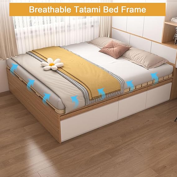 Folding Solid Wood Bed Frame,Foldable Japanese Floor Tatami Bed Frame,Wooden Roll-Type Slatted Floor Bed for Bedrooms,Guest Rooms,Dorm(78.7 D x 39.4 W, Khaki)