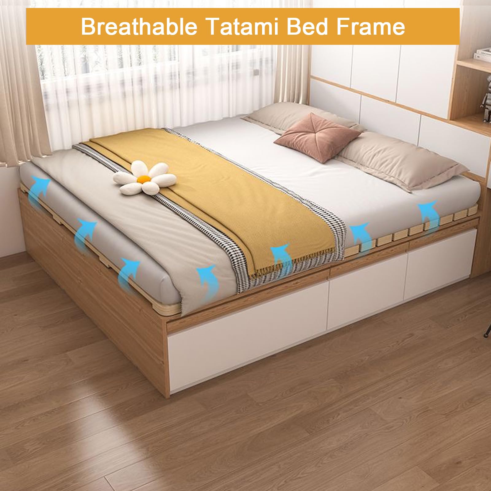 Lit japonais pliable en bois massif Roll-PE à lattes pour chambre à coucher, chambre d'amis, dortoir - Design compact - Kaki (190 x 135,1 cm)