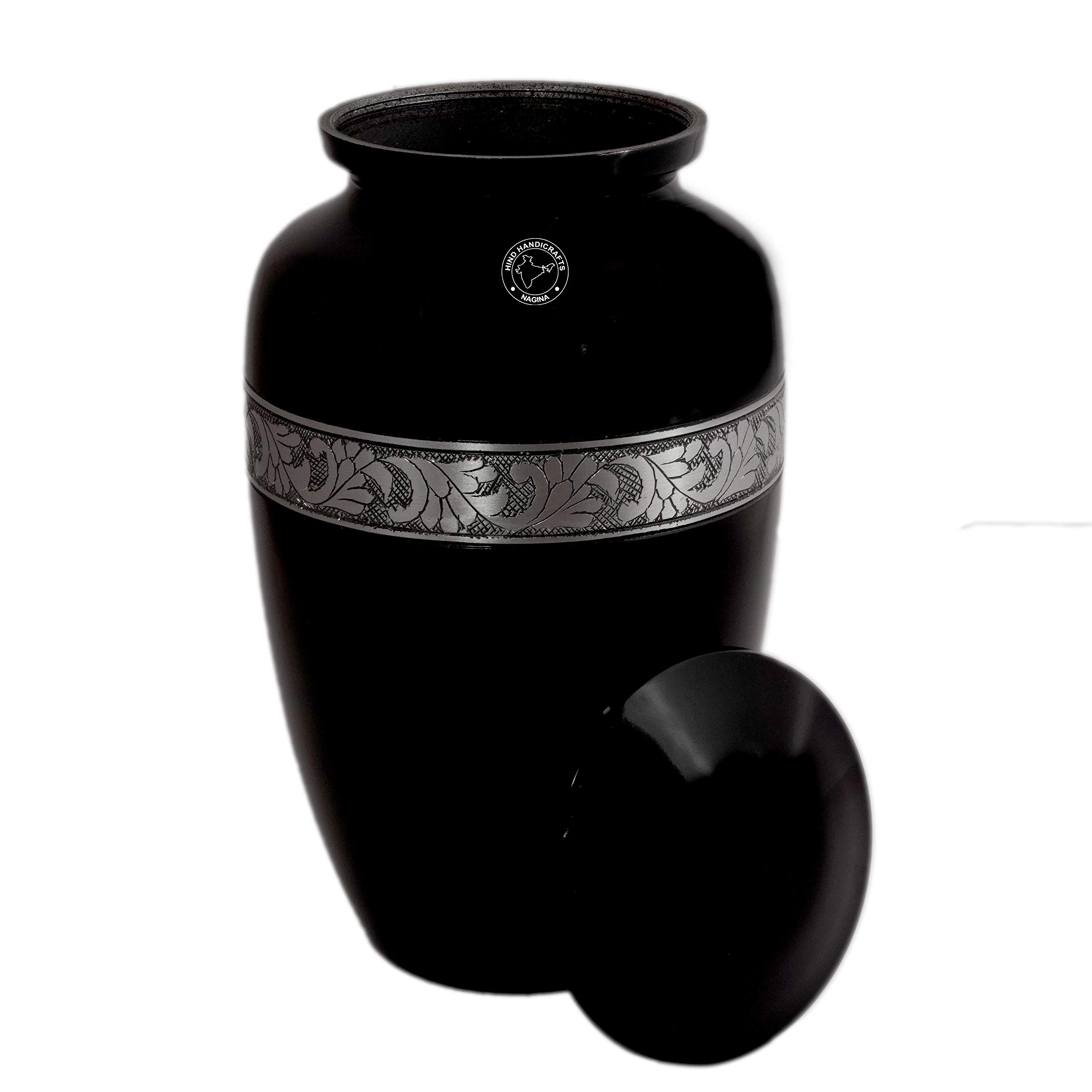 Urna de cremación de aluminio grabada en plata para cenizas humanas para adultos, urna conmemorativa funeraria hecha a mano, bolsa incluida (negro, recuerdo, 70 pulgadas cúbicas)