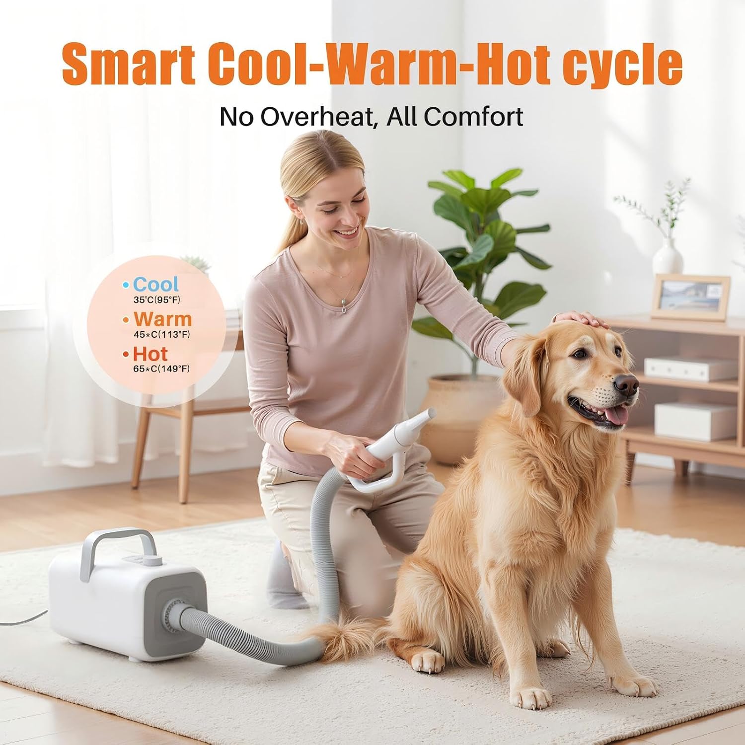 NEWBULIG Dog Hair Dryer, 1550W High Velocity Pet Blow Dryer with Heater for Grooming, Speed Temperature Adjustable Dog Blower Grooming Dryer with 4 Nozzles, White