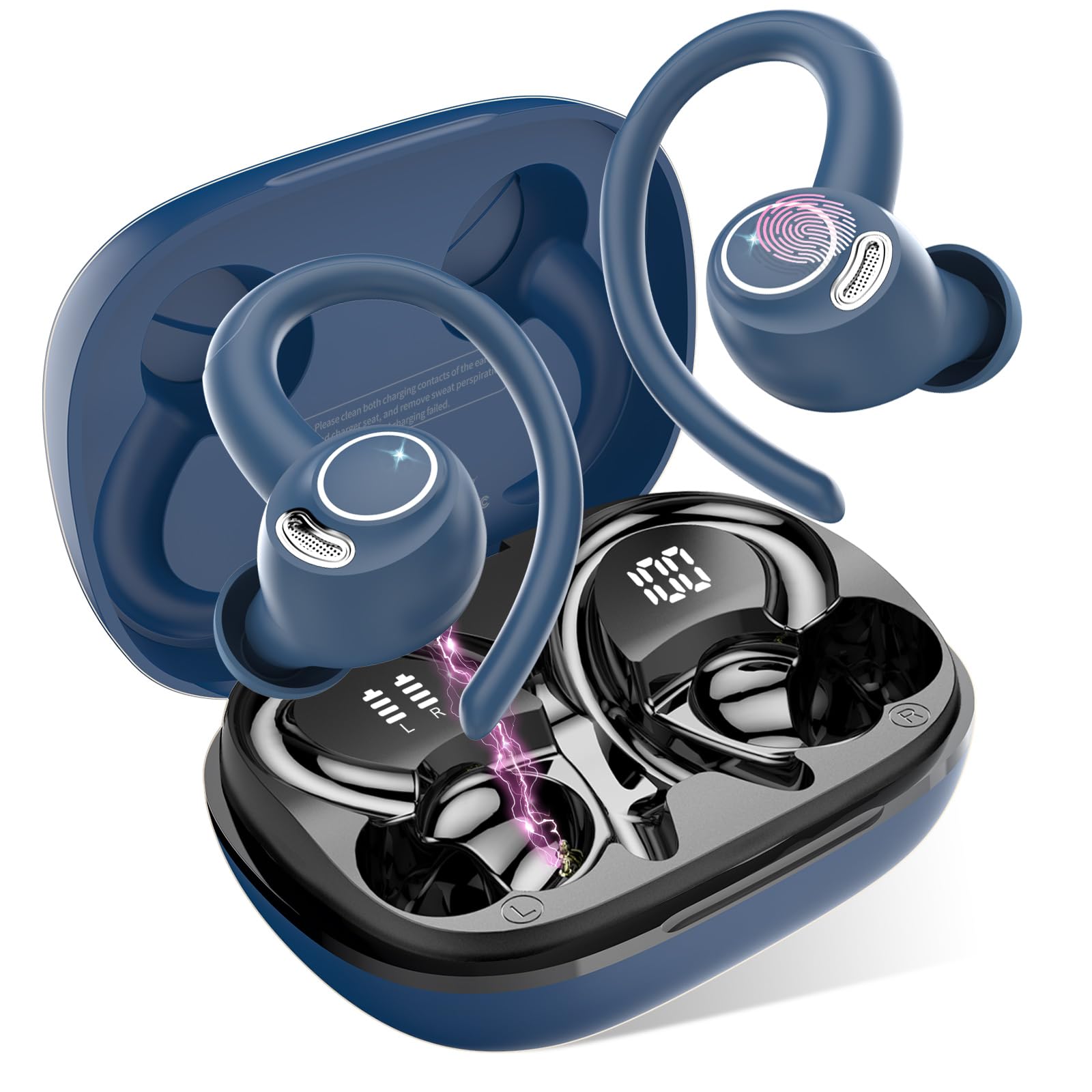 Jesebang Auriculares Inalámbricos Deportivos, Auriculares Bluetooth 5.3 con HD Micrófono, Sonido Premium, 40H de Reproducción, Pantalla LED, Cómodos de Llevar, Cascos Inalambricos con Gancho, Azul Certificado ClimatePartner Carbonfree Certified