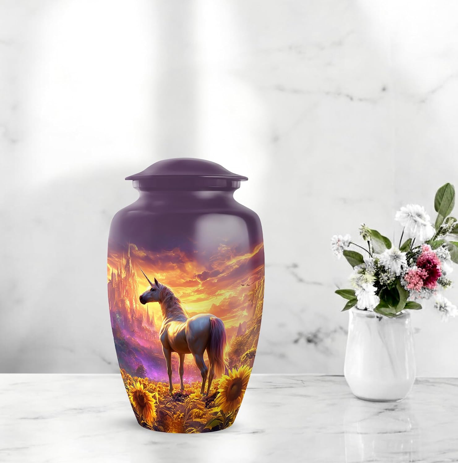 Unicorn Cremation Urn for Human Ashes Husband & Wife, Large Decorative Sunflower Urns for Men and Women, Purple Urns for Burial, Memorial Urn for Male & Female, 10 Inch