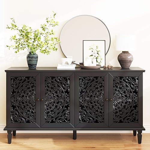 Vista 11 de Armario Buffet con 2 Puertas y 1 Estante, Aparador de Madera Tallada con Armario de Almacenamiento de Acento Pequeño con Tallado Hueco Mesa Consola