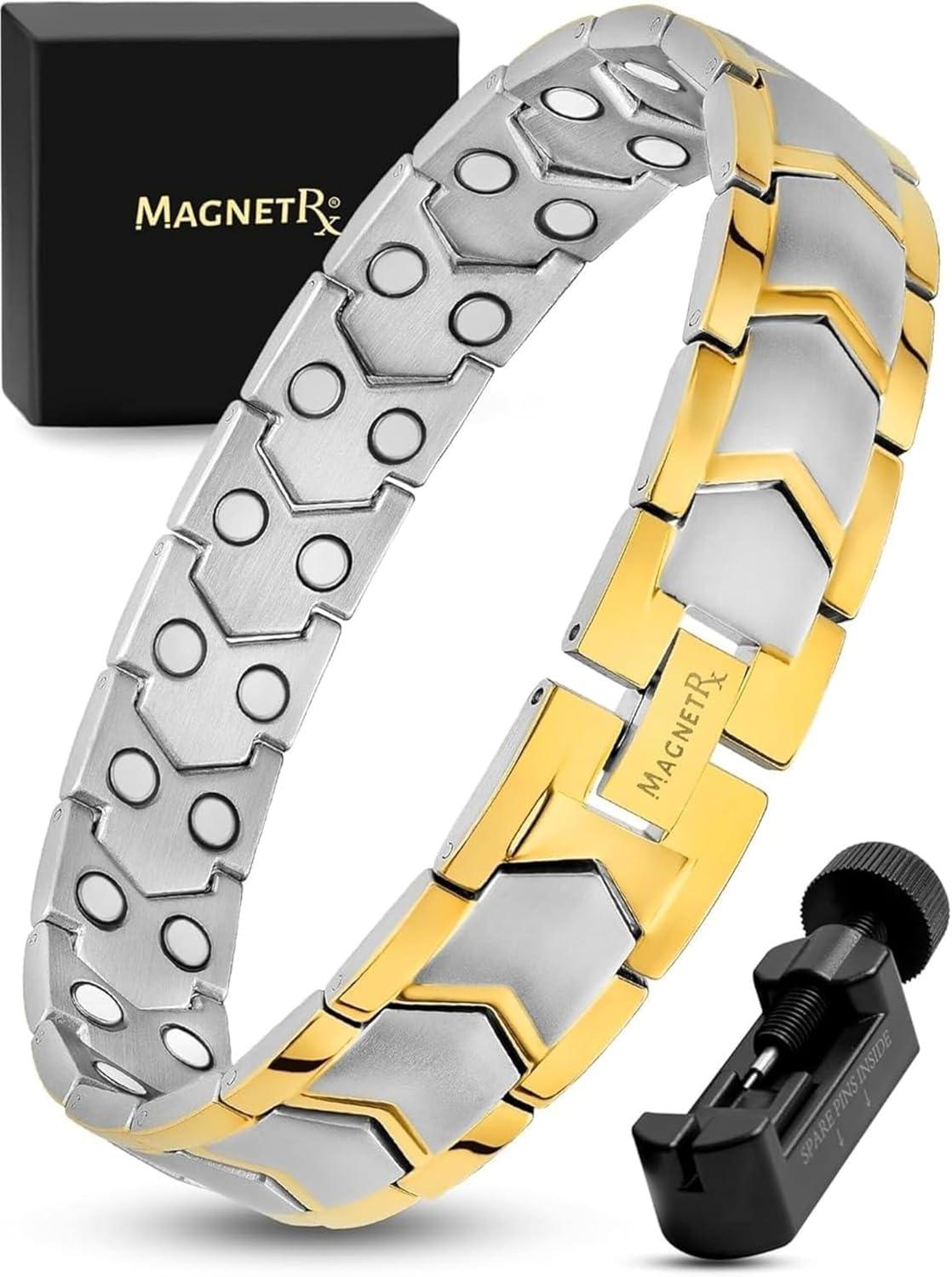 MagnetRX® Ultra Strength Magnetic Bracelet – Effective Stainless Steel Metal Bracelets for Men – Adjustable Length with Sizing Tool for Perfect Fit (Silver & Gold)