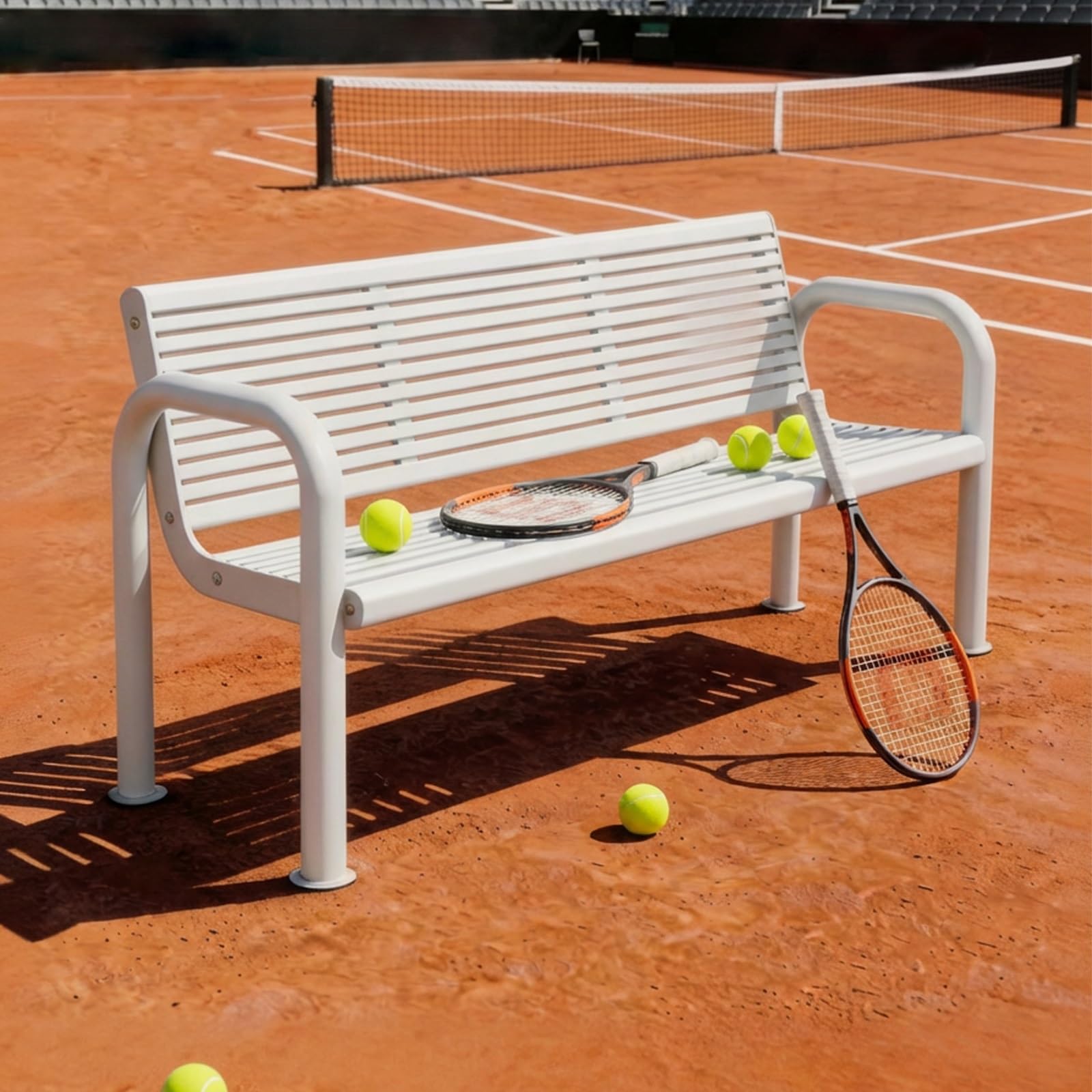 Panchina da Campo da Tennis, Panchina a Bordo Campo, con Schienale e Braccioli, Design Cavo, Facile Installazione, Adatta a Parchi, Campi Sportivi, Verande(White,120cm/47.2in)