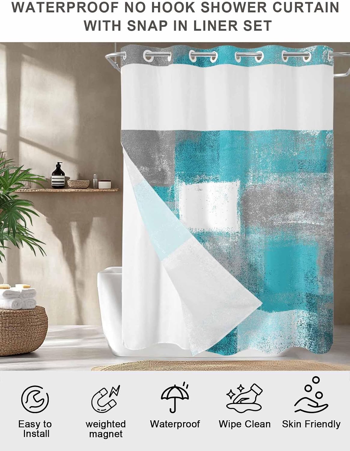Shower Curtains with Snap-in Fabric Liner Set Abstract Art Painting No Hooks Shower Curtains with See Through Top Window for Bathroom Turquoise Grey Modern Art Waterproof and Washable 72x78