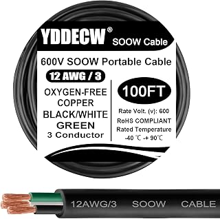 100ft 12/3 12 AWG Portable Power Cable (3 Conductor) - SOOW 600V 12 Gauge Electric Wire for Motor Leads, Portable Lights, Battery Chargers and Machinery - 3 Conductor - 100 Feet Electrical Cord