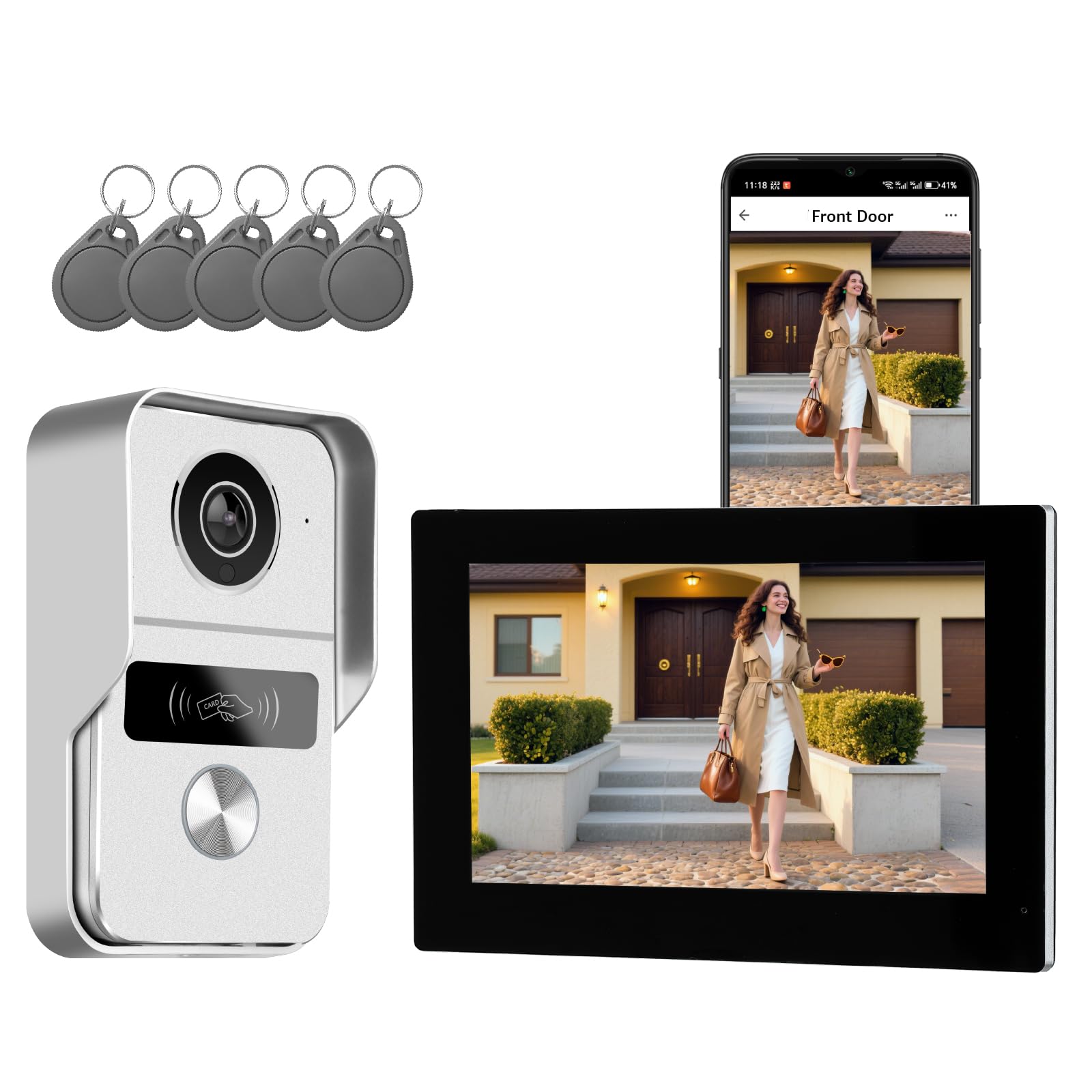Honmidatek Kit de Videoportero con conexión de 2 Hilos, Timbre Video Mirilla y 7'' Monitor Táctil a Color, Desbloqueo Remoto de Puertas y Puertas, Detección de Personas y Audio Bidireccional